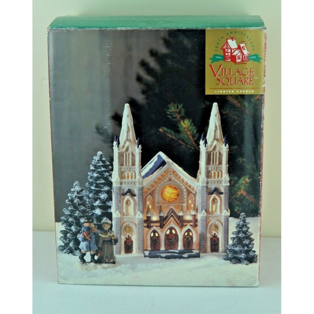 Mervyn's 1996 Village Square Lighted Porcelain Christmas Church Still In Box